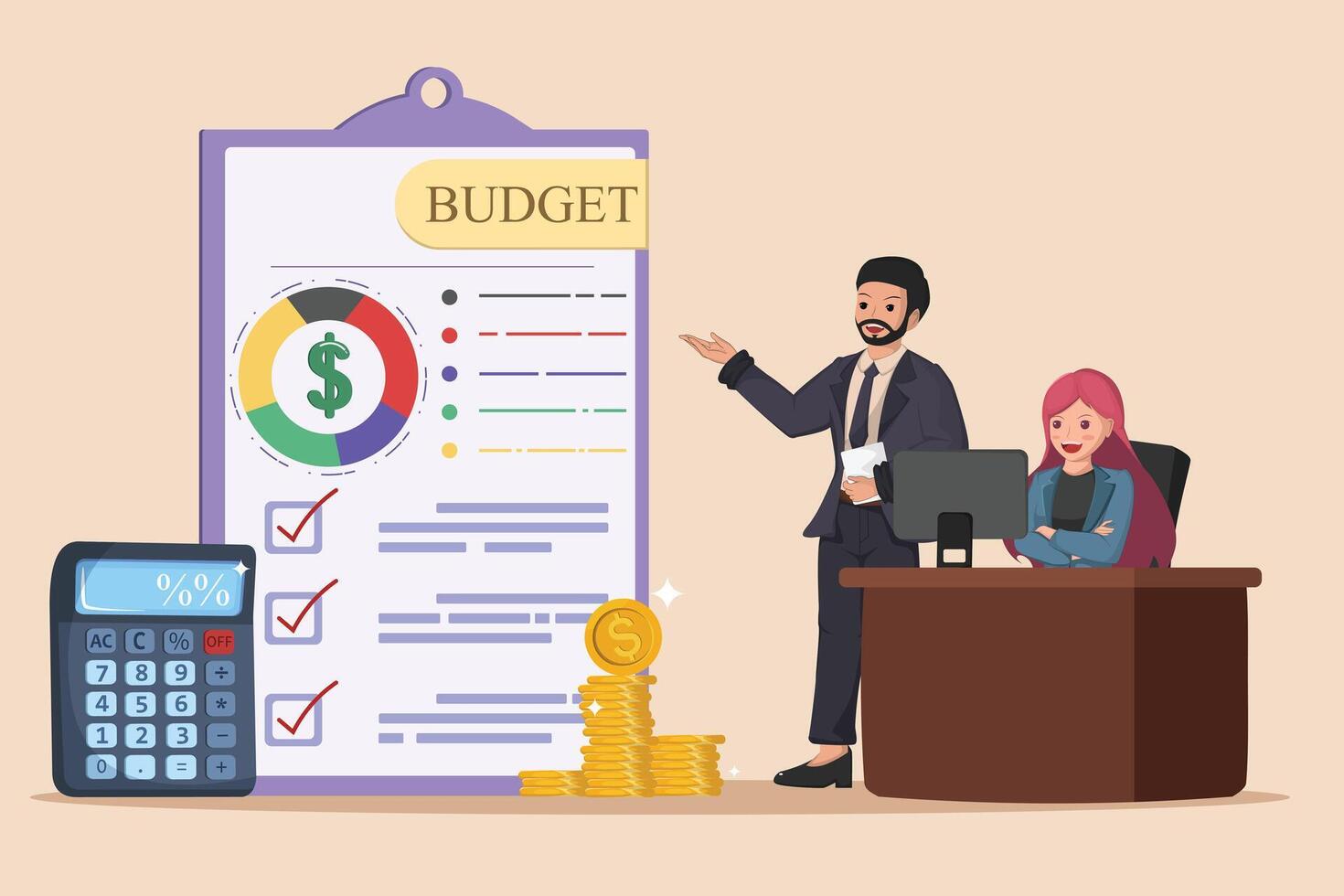 Financial Budget Presentation Businessman Explaining Budget Details with Calculator, Coins, and Graph to a Woman. vector