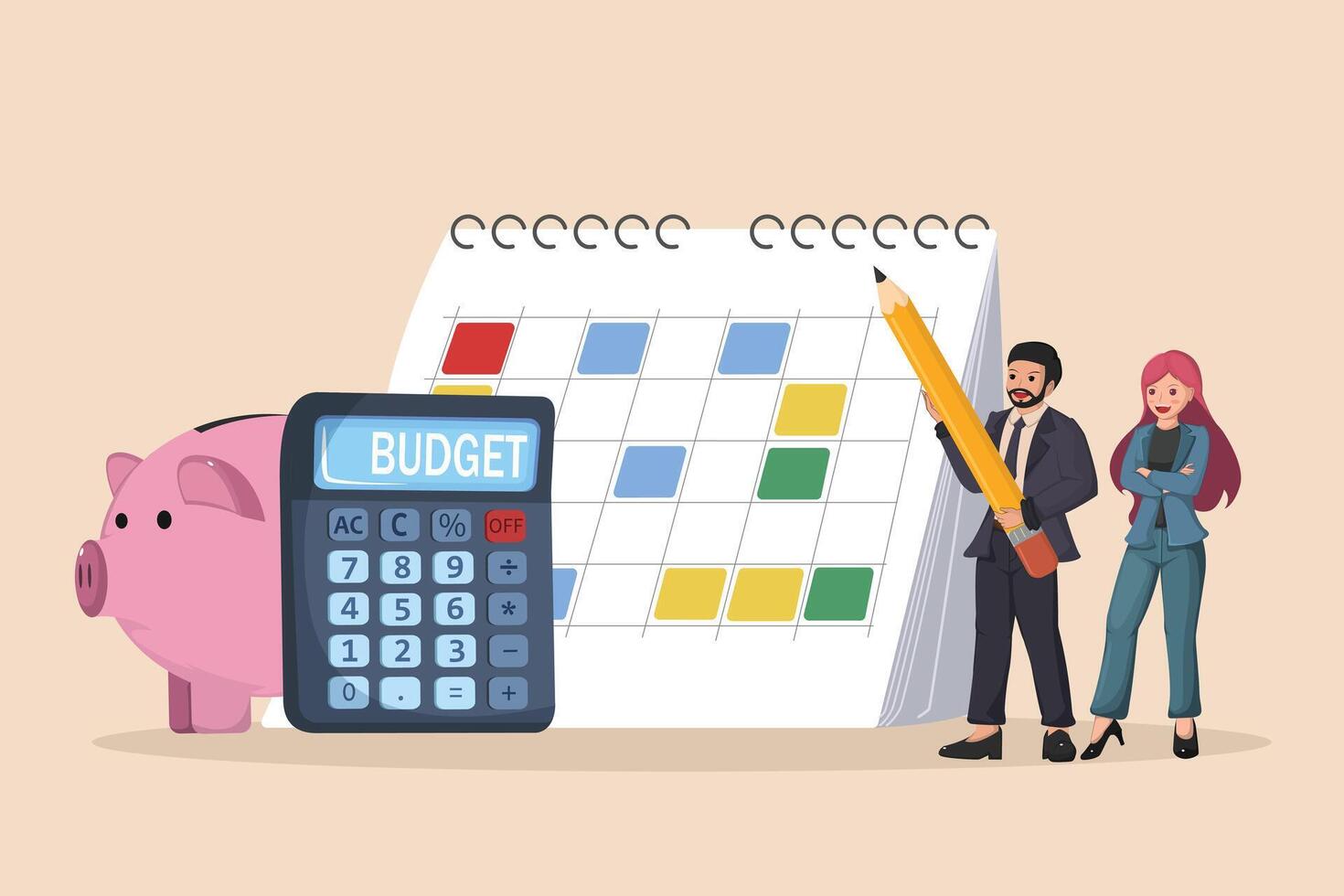Monthly Budget Planning Business Professionals Analyzing Expenses with Calculator, Calendar, and Piggy Bank. vector