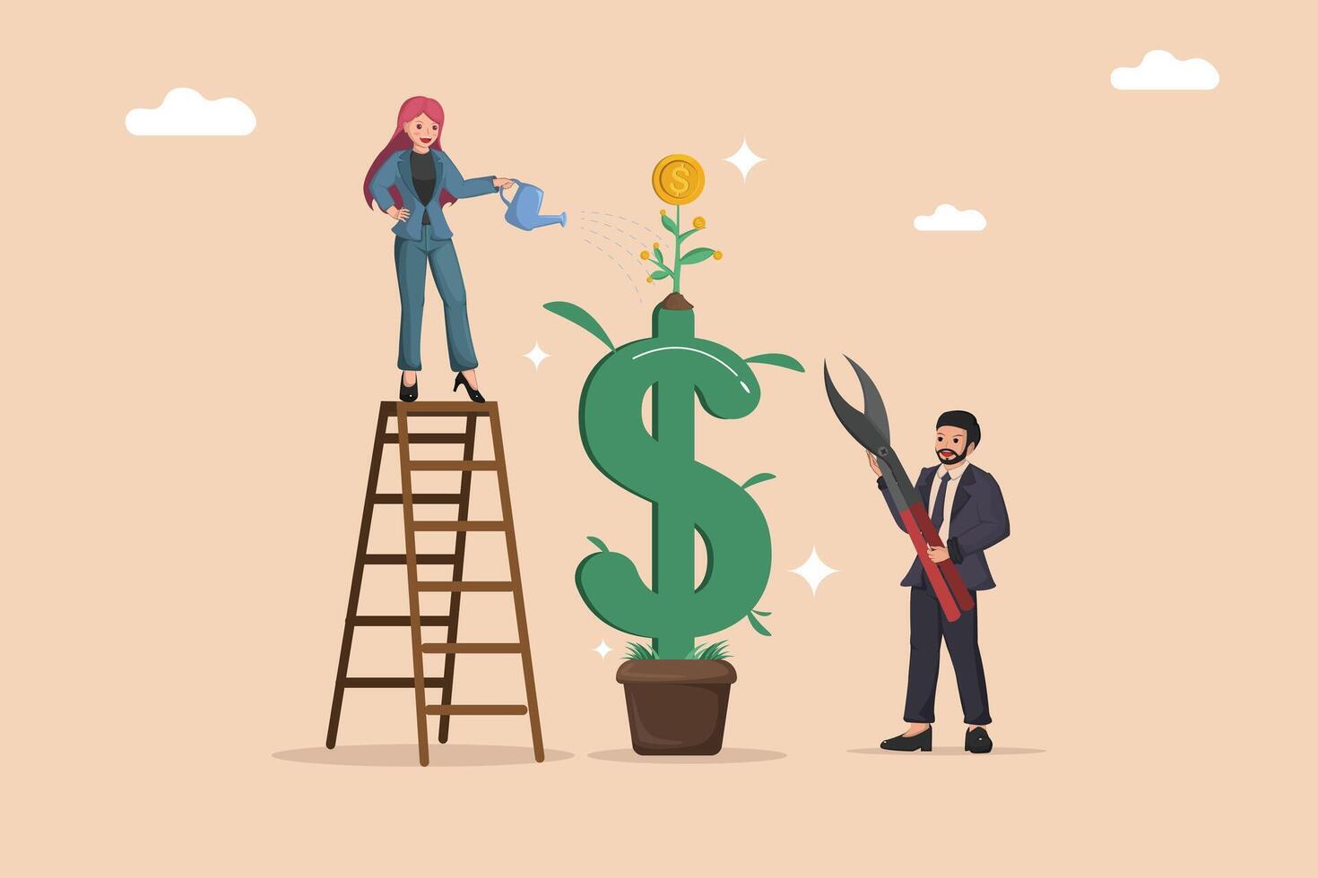 Teamwork for Wealth Growth and Investment Development with Business Characters Caring for Money Tree. vector