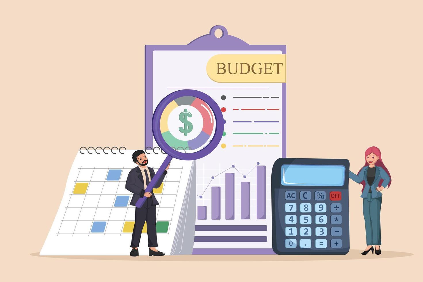 Budget Analysis and Review Business Professionals Examining Financial Data with Magnifying Glass, Chart, Calendar, and Calculator. vector