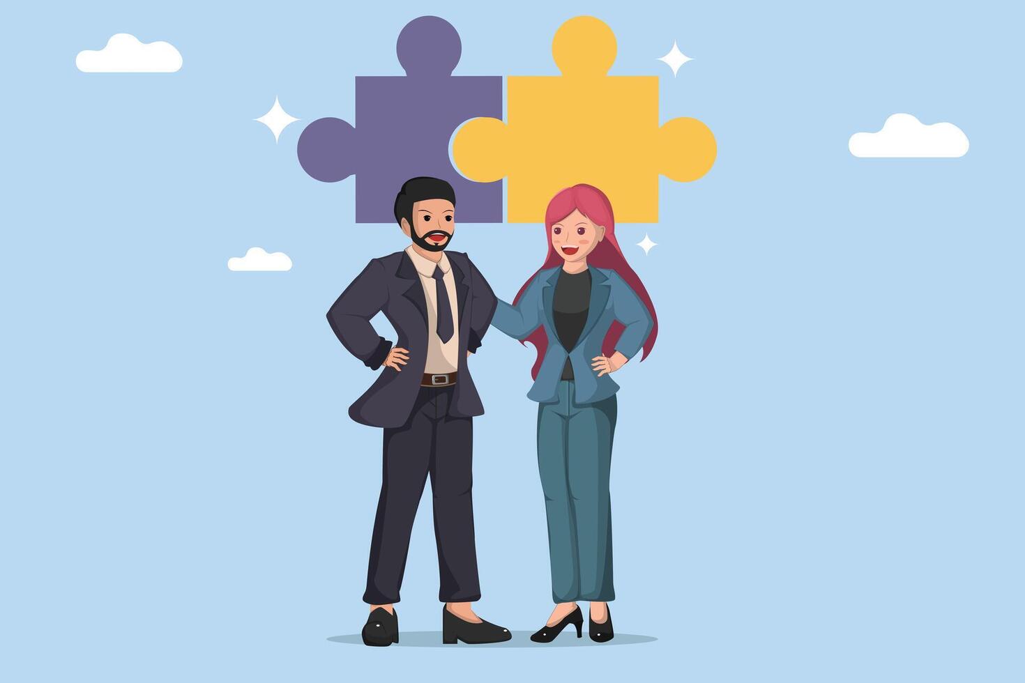 Business Partnership Concept Businessman and Businesswoman Standing Together with Puzzle Pieces Background vector