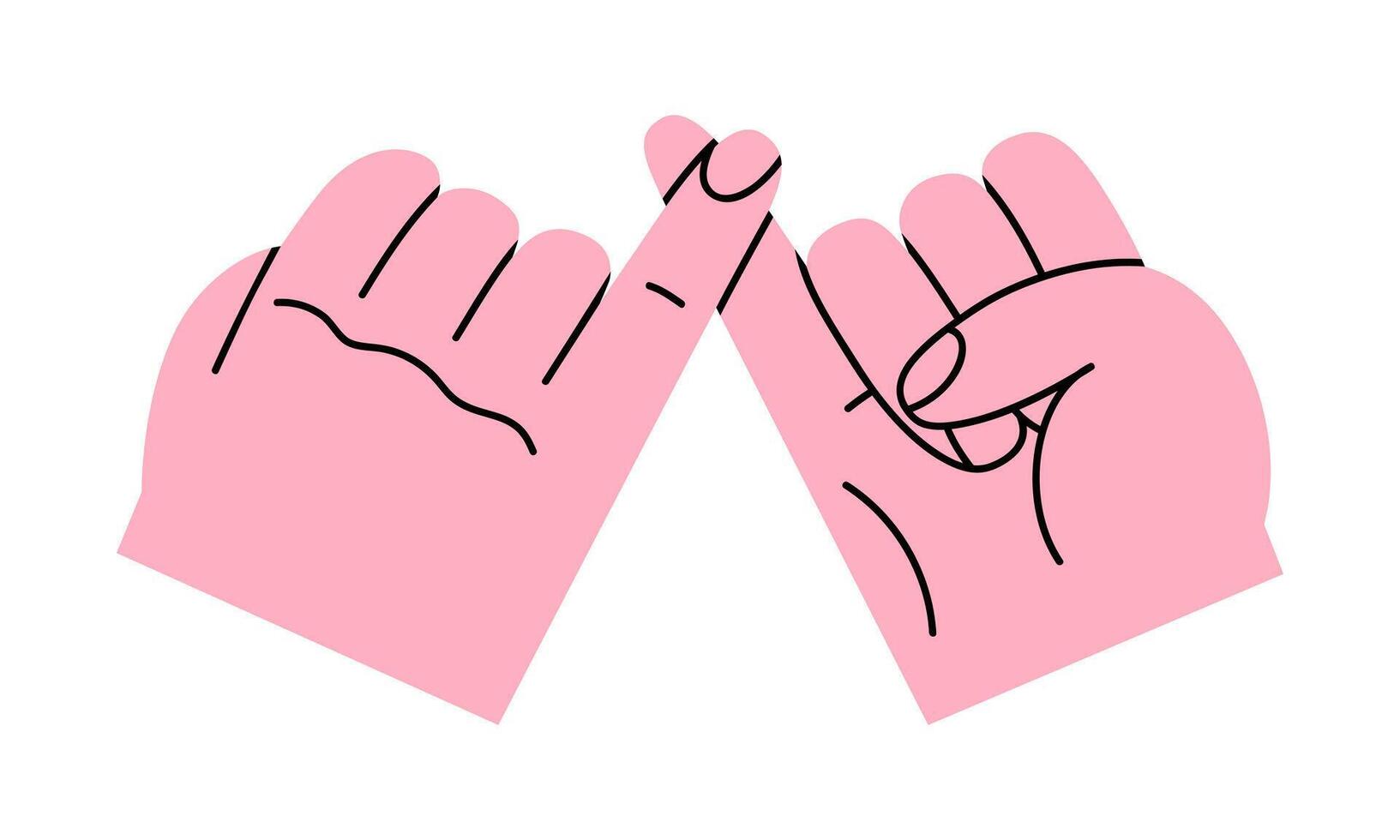 Hand drawn cute cartoon illustration two hands little finger crossing. Flat pinky promise doodle style. Friendship icon. Love romantic couple print. Swear or oath gesture. Isolated. vector