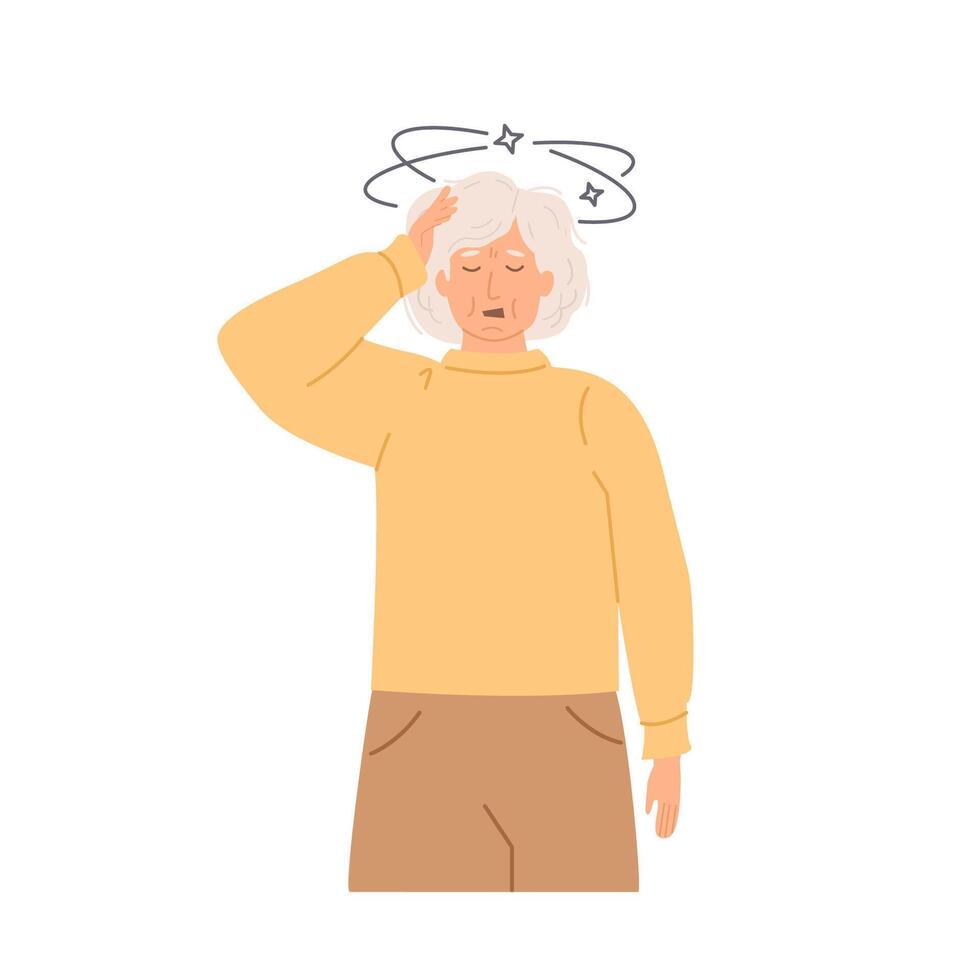 Elderly woman experiencing severe dizziness, holding her head with a distressed expression. Symptoms of vertigo, balance disorder, neurological issue. Flat Style Illustration isolated on white. vector