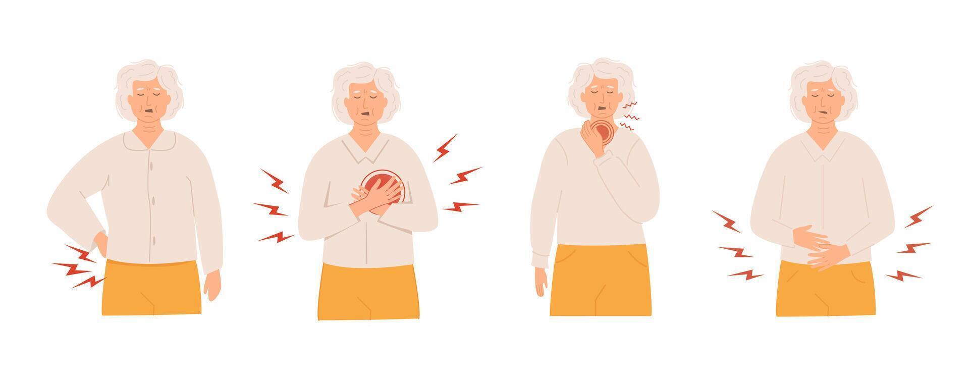 Set of elderly women experiencing different types of pain and discomfort with pained expressions. Back pain, stomach pain, chest and throat pain. Flat Illustration isolated on white background. vector