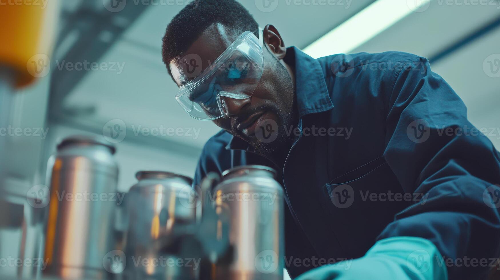 Focused industrial worker inspecting equipment in factory setting. Stream of fuel pouring photo