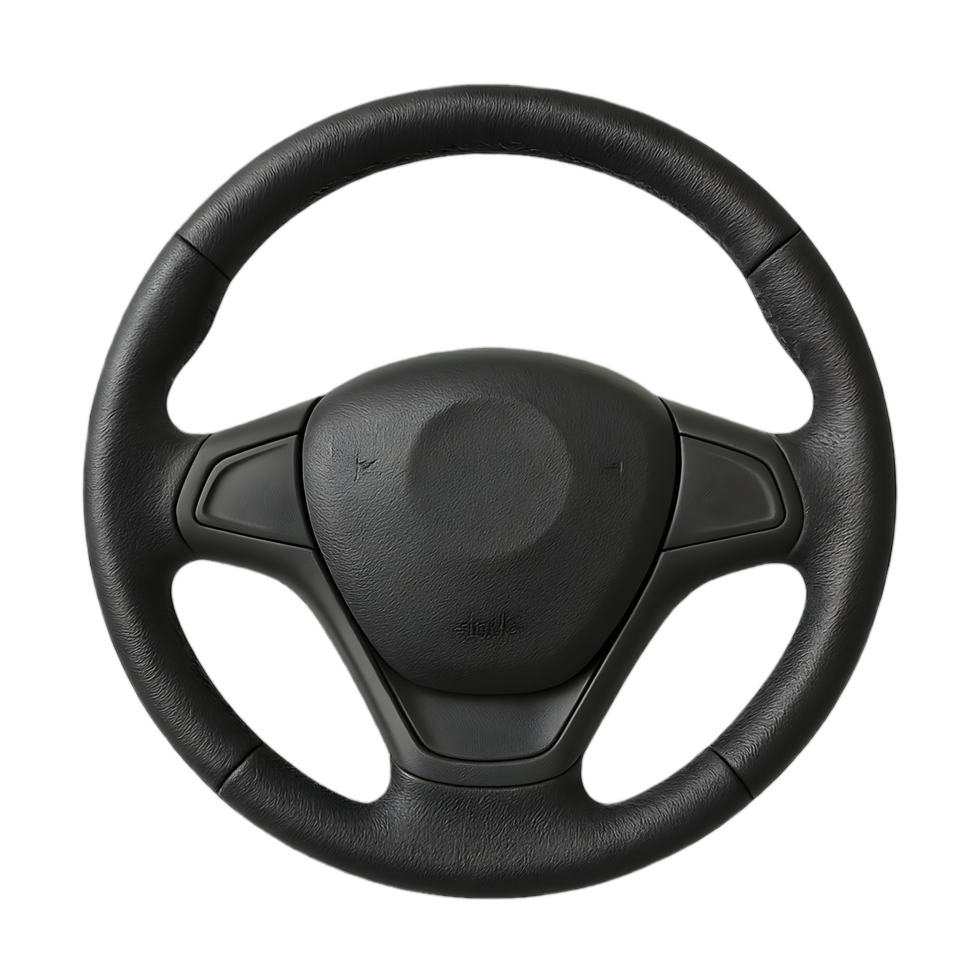 Transparent leather-stitched car steering wheel against clear background realistic design automotive environment close-up view png