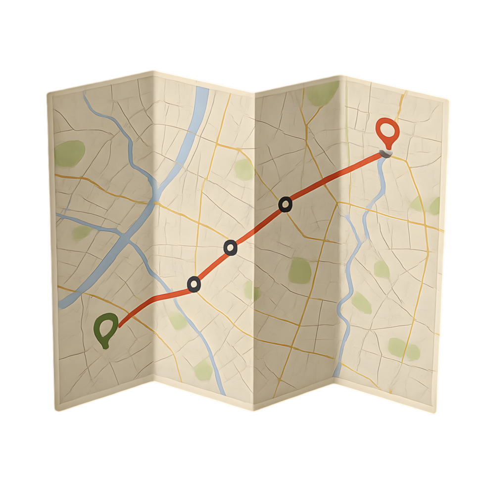 Transparent background photo of a folded paper road map travel direction urban setting viewpoint conceptualization png