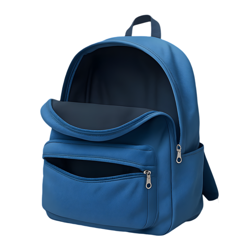 Realistic blue backpack with transparent background open zippers lifestyle setting close-up perspective on storage space png