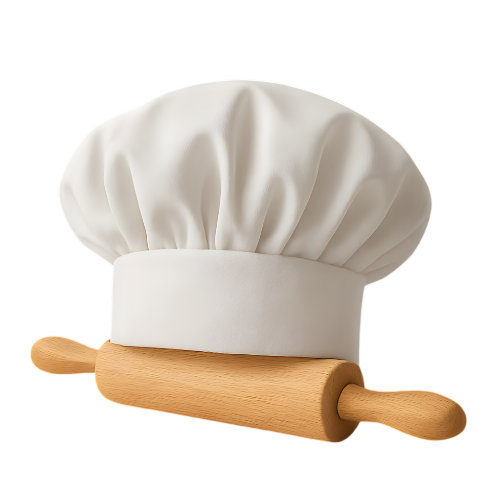 Chef hat with rolling pin on transparent background realistic image culinary arts kitchen setup close-up view png