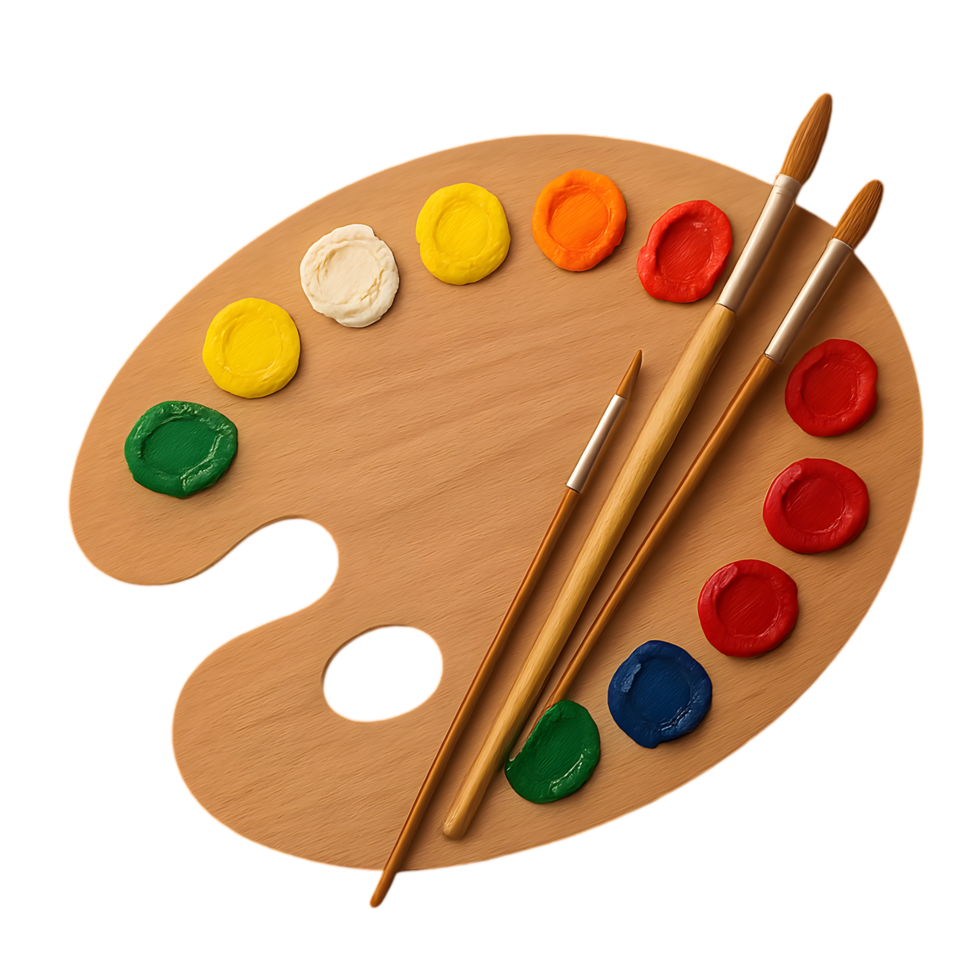 Artistic palette with brushes isolated object high resolution photorealistic style png