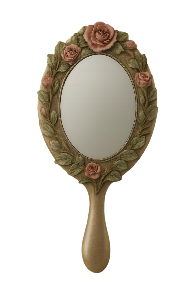 Floral handheld mirror transparent background home decor elegant design close-up reflective beauty png