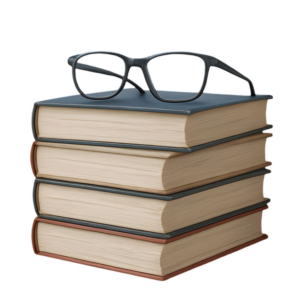Transparent background of realistic stack of books with glasses home office still life minimalist close-up for seo impact png