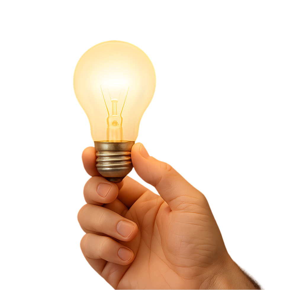 Illuminating idea hand holding a light bulb isolated object with high resolution and photorealistic details png