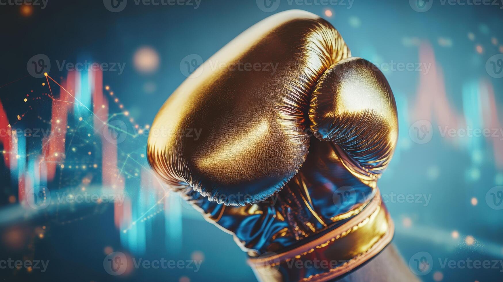 Shiny golden boxing glove against futuristic digital background symbolizing financial success and high-tech investment visualization. Ring boxing competitions photo