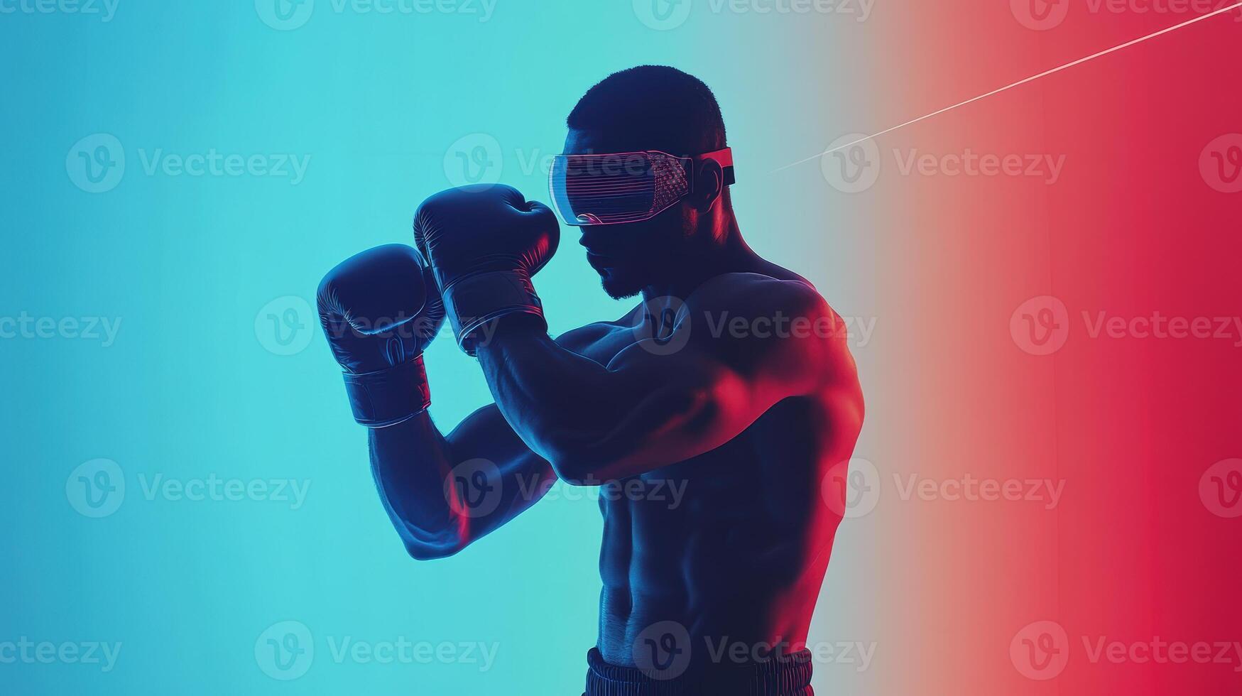 Young african male boxer with futuristic vr mask in dynamic red and blue lighting, ready to fight in unique modern mixed reality environment. Ring boxing competitions photo