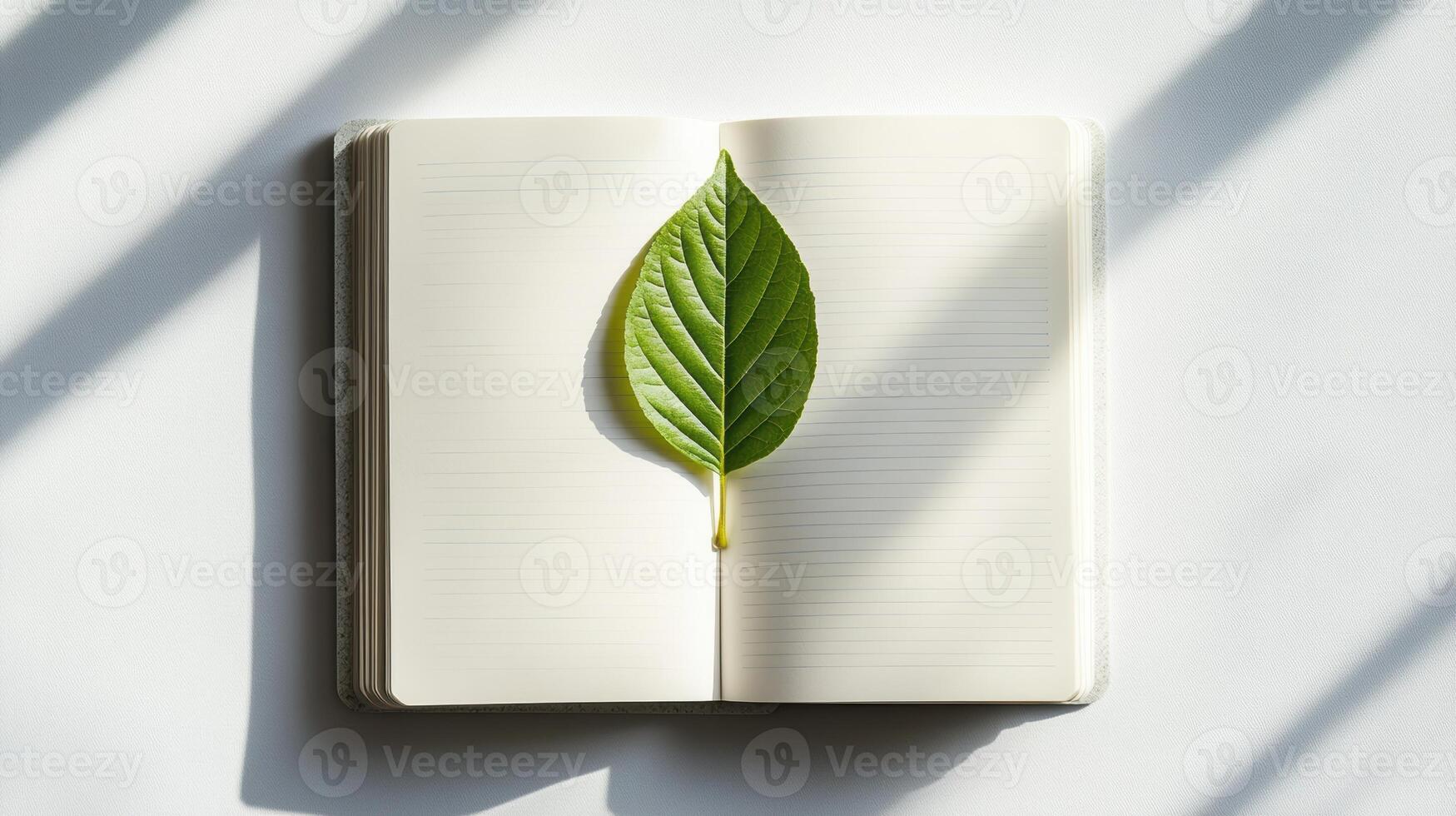 Minimalist nature design with single green leaf on open notebook for creative workspaces. Symbolism of fresh starts photo