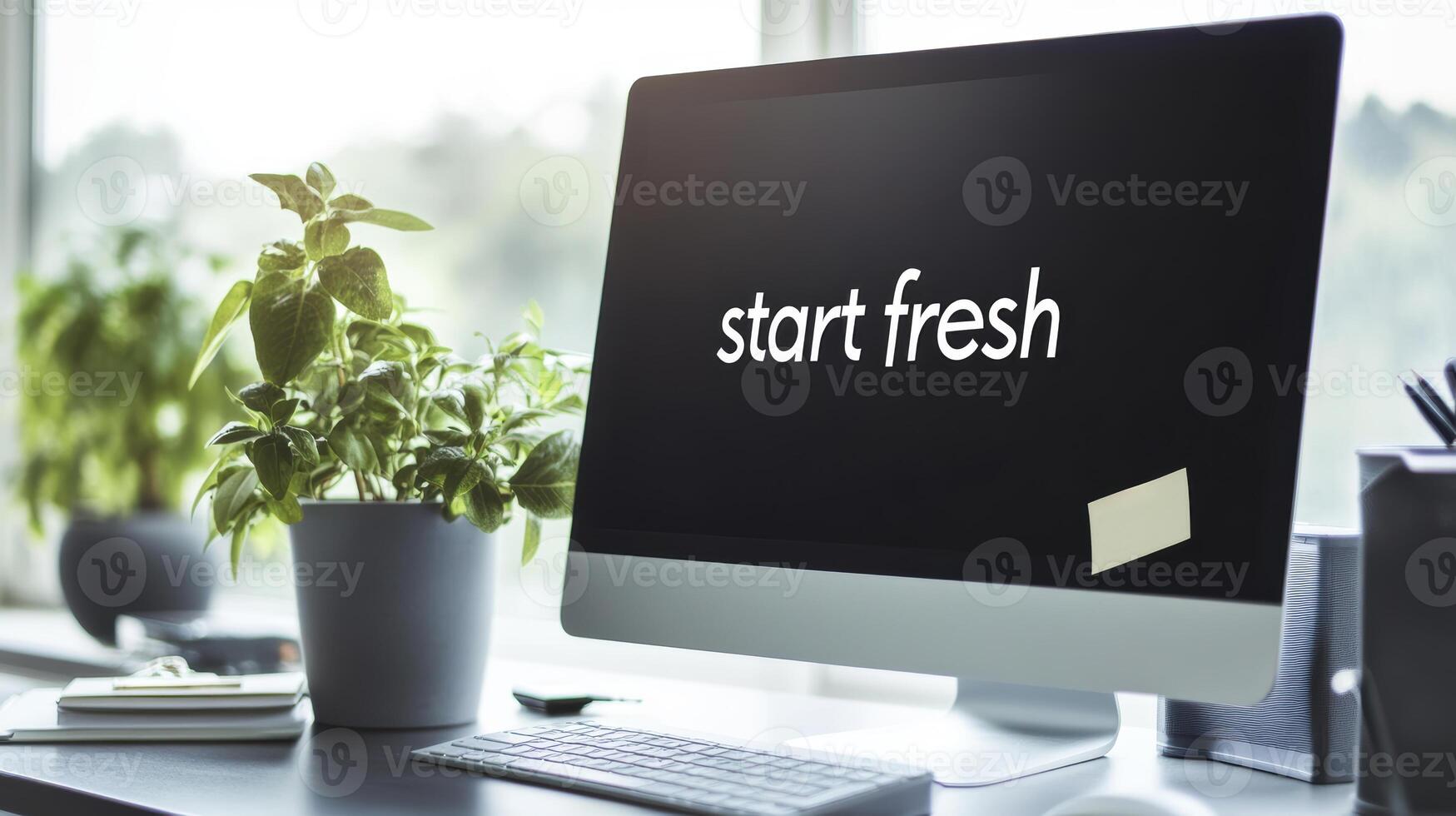 Inspirational workspace with computer monitor displaying Start fresh in bright office setting. Symbolism of fresh starts photo