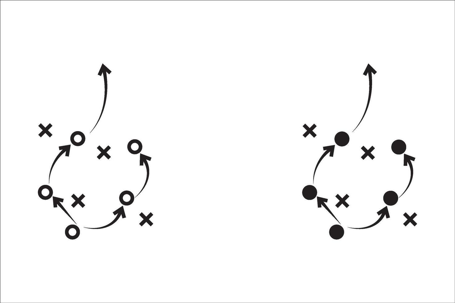 Strategy game plan. Tactics for football. Scheme for football team training. Sports illustration on the board. Coach's manual. Strategic organization on the field for learning. . For apps, web vector