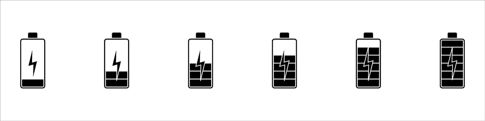 Battery charging process. Different Battery charge level. Discharged, charging and fully charged battery smartphone. Set of battery charge level indicators. Illustration. vector