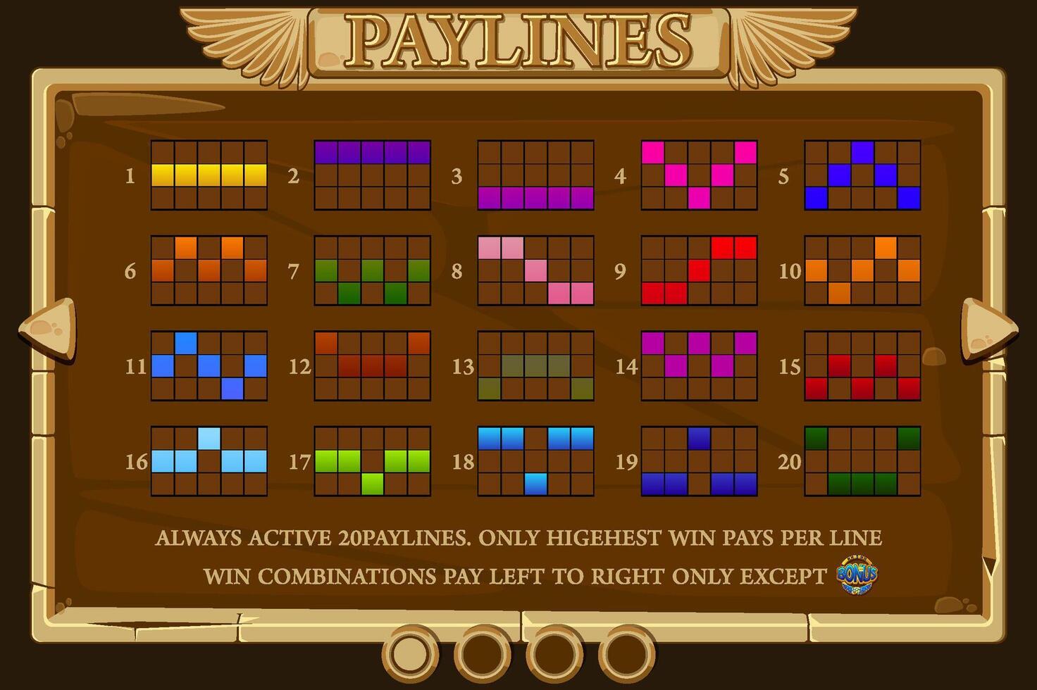 Info screen for slot game. PAYLINES game screen Egyptian slot for game development. Pop-Up game UI vector
