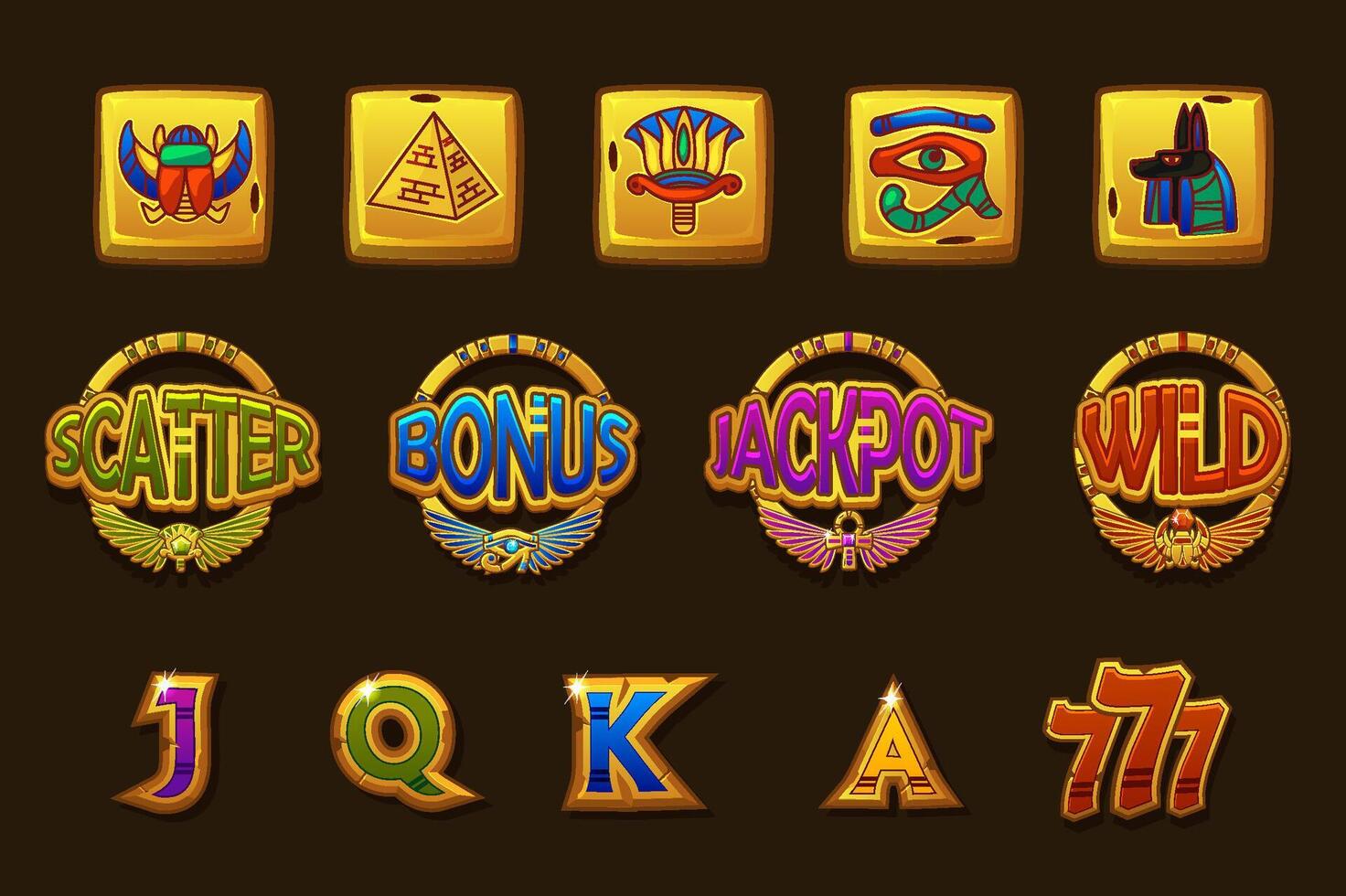 Egypt golden slot symbols. Cartoon set of ancient Egyptian game icons isolated on dark background. Golden blocks, eye of Horus,lotus, scarab, pyramid and Anubis decorated, antique symbols. vector