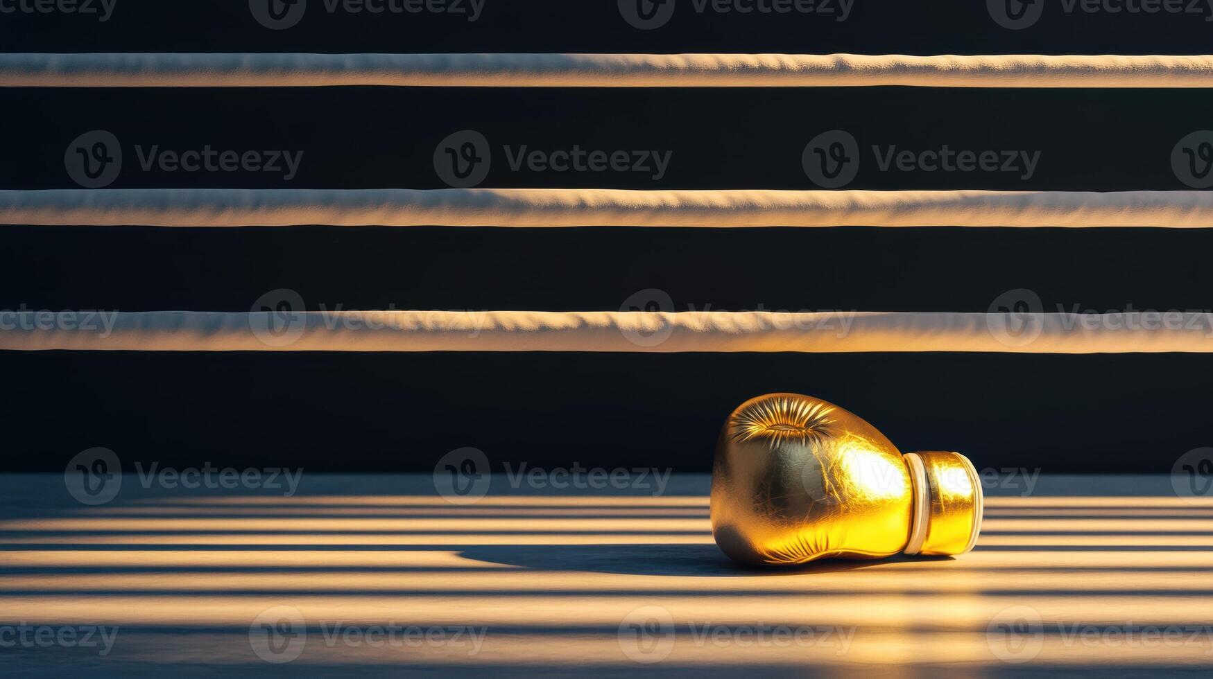 Golden boxing glove in a sunlit ring captures the essence of power and elegance in a serene athletic environment. Ring boxing competitions photo