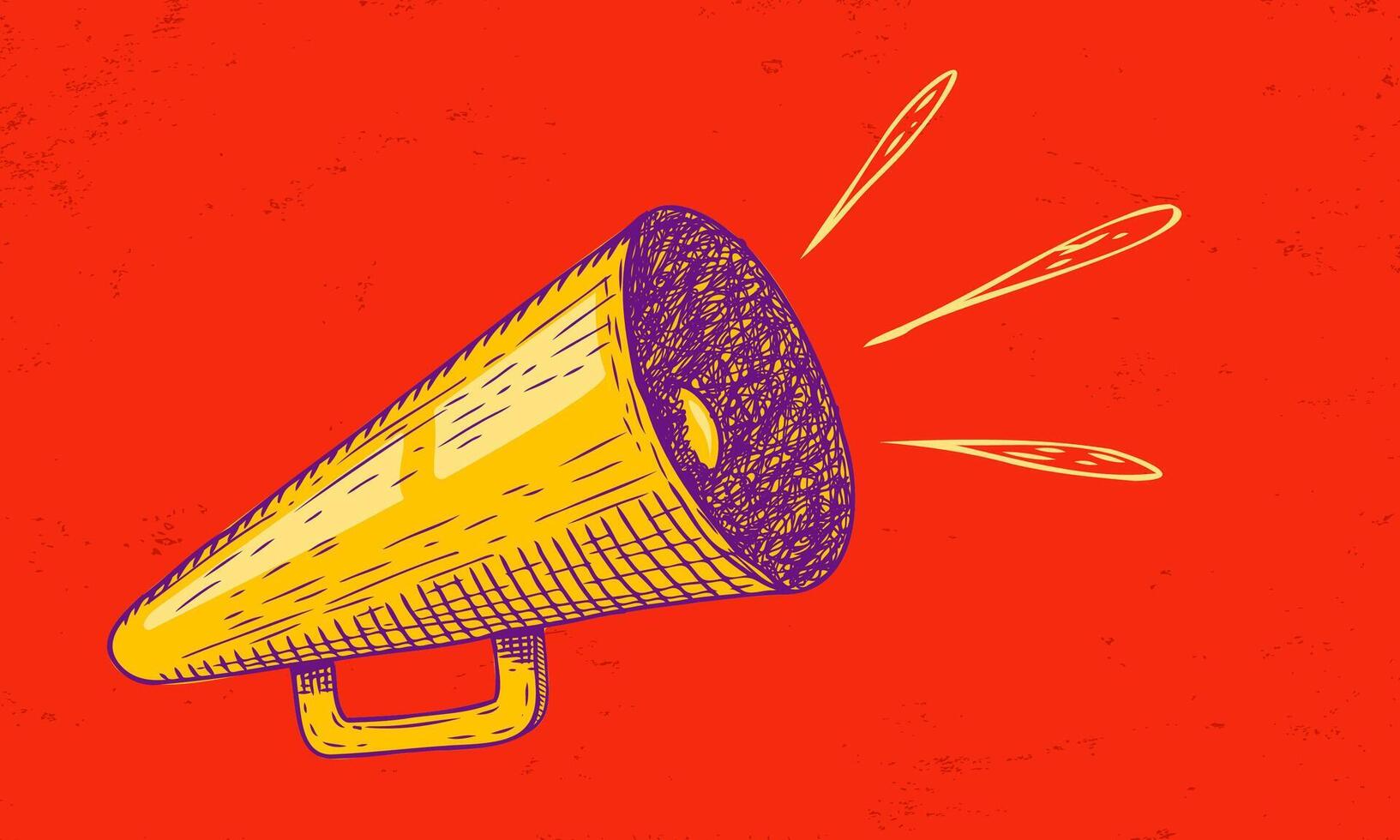 Icon of vintage megaphone for fake, breaking news or sale. Retro megaphone in doodle style on red background vector