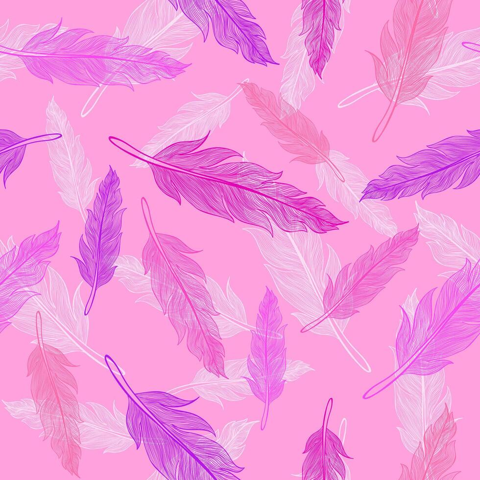 Seamless patrtern of feathers in hot pink colo. Pink feather. vector