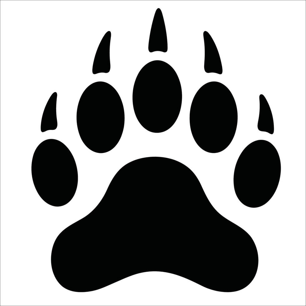 Black silhouette of a paw print with five distinct oval-shaped pads and sharp, elongated claws. vector