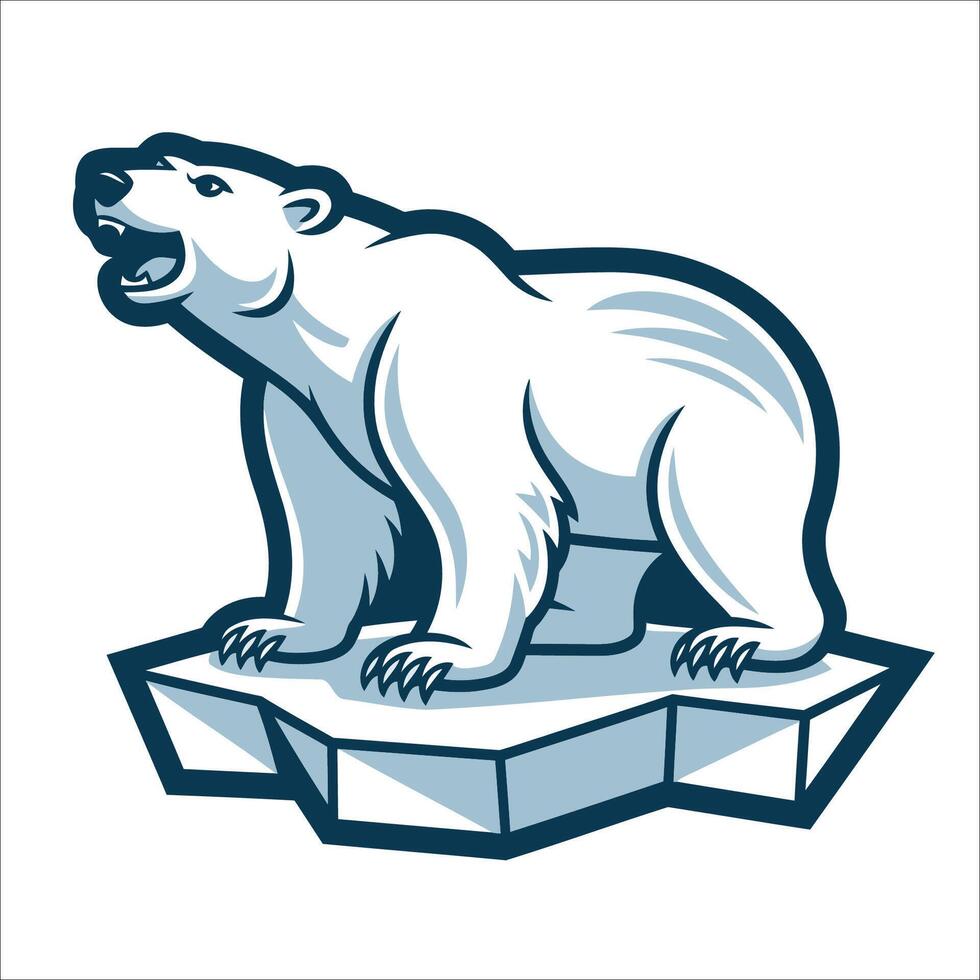 Polar bear on a small ice floe. The bear is depicted in a dynamic pose with its head raised and mouth open. vector