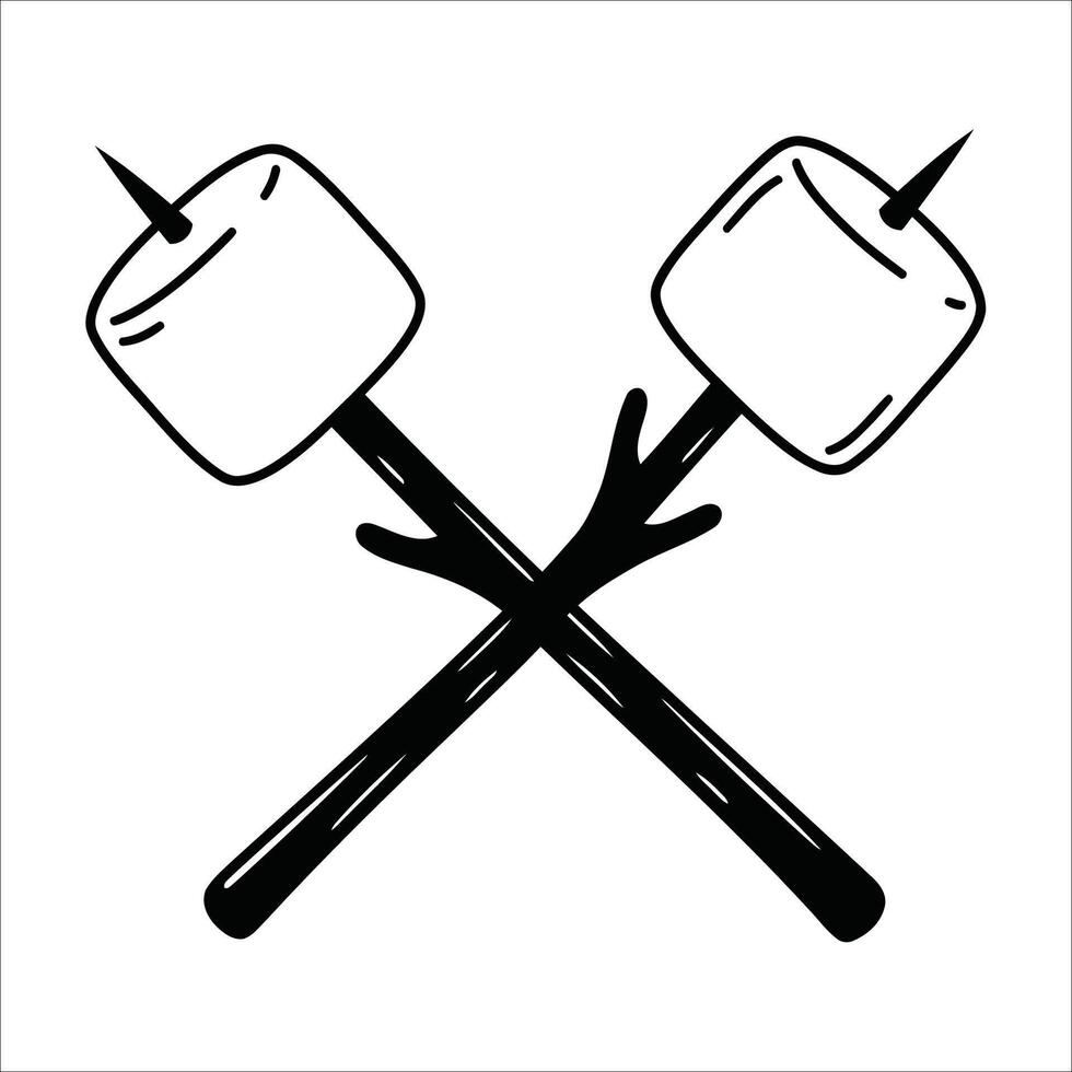Two marshmallows skewered on crossed sticks. The marshmallows are depicted in a line-art style with simple shading vector