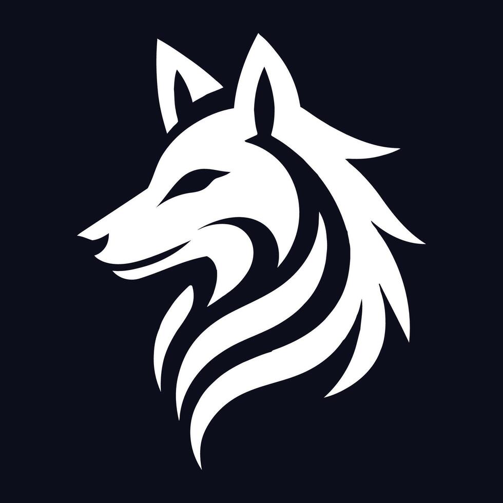 Silhouette of a wolf's head in profile, depicted in white on a dark blue background. vector