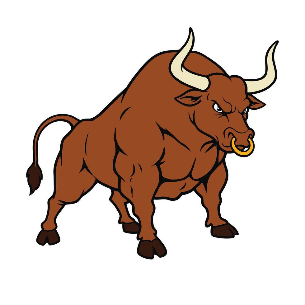 A cartoon illustration of an imposing brown bull with large, curved ivory horns and a gold nose ring. vector