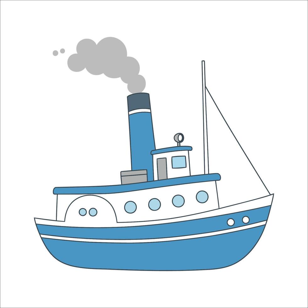 Illustration of a simplistic, cartoon-style blue and white steamship. It features a tall blue smokestack emitting gray smoke vector