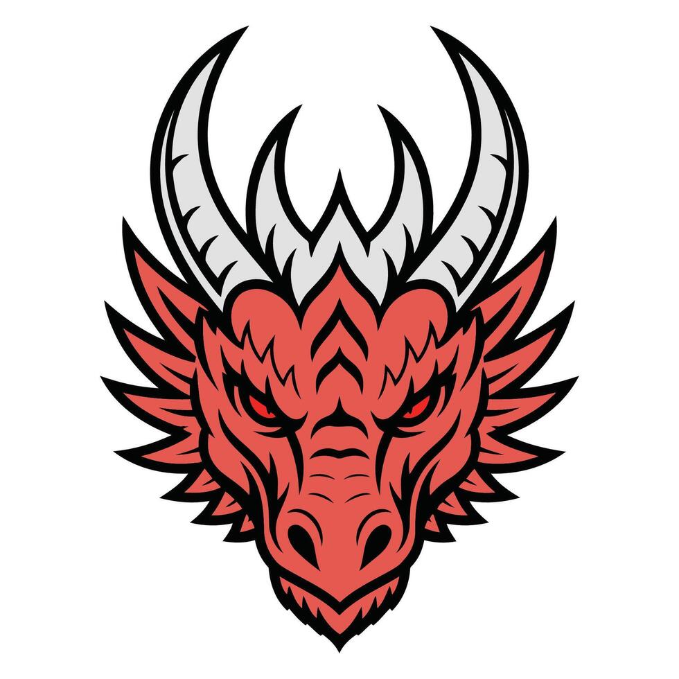 Dragon head illustration with a fierce expression. The head is predominantly red with prominent black outlines. vector