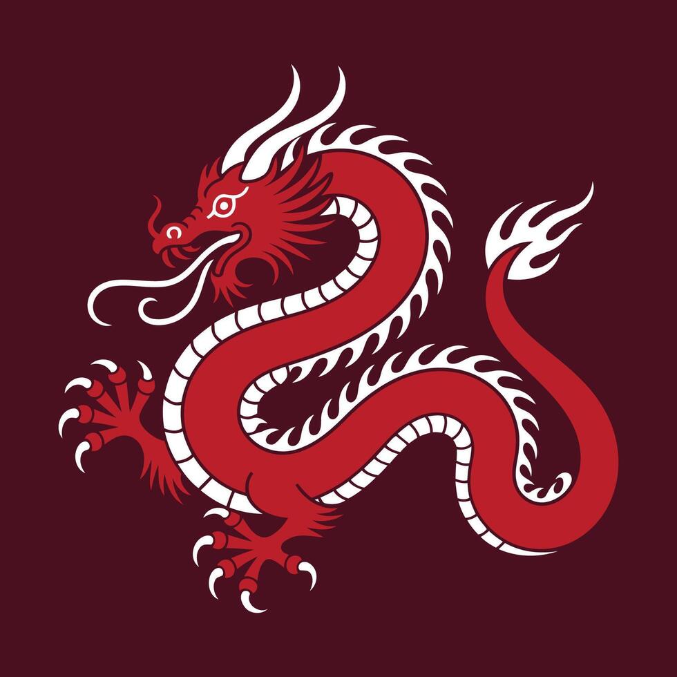 A stylized red dragon with a serpentine body is depicted on a dark maroon background. vector