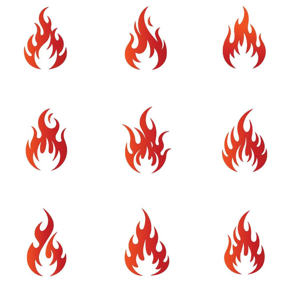 Nine flame icons arranged in a three-by-three grid on a white background. Each flame varies slightly in shape vector