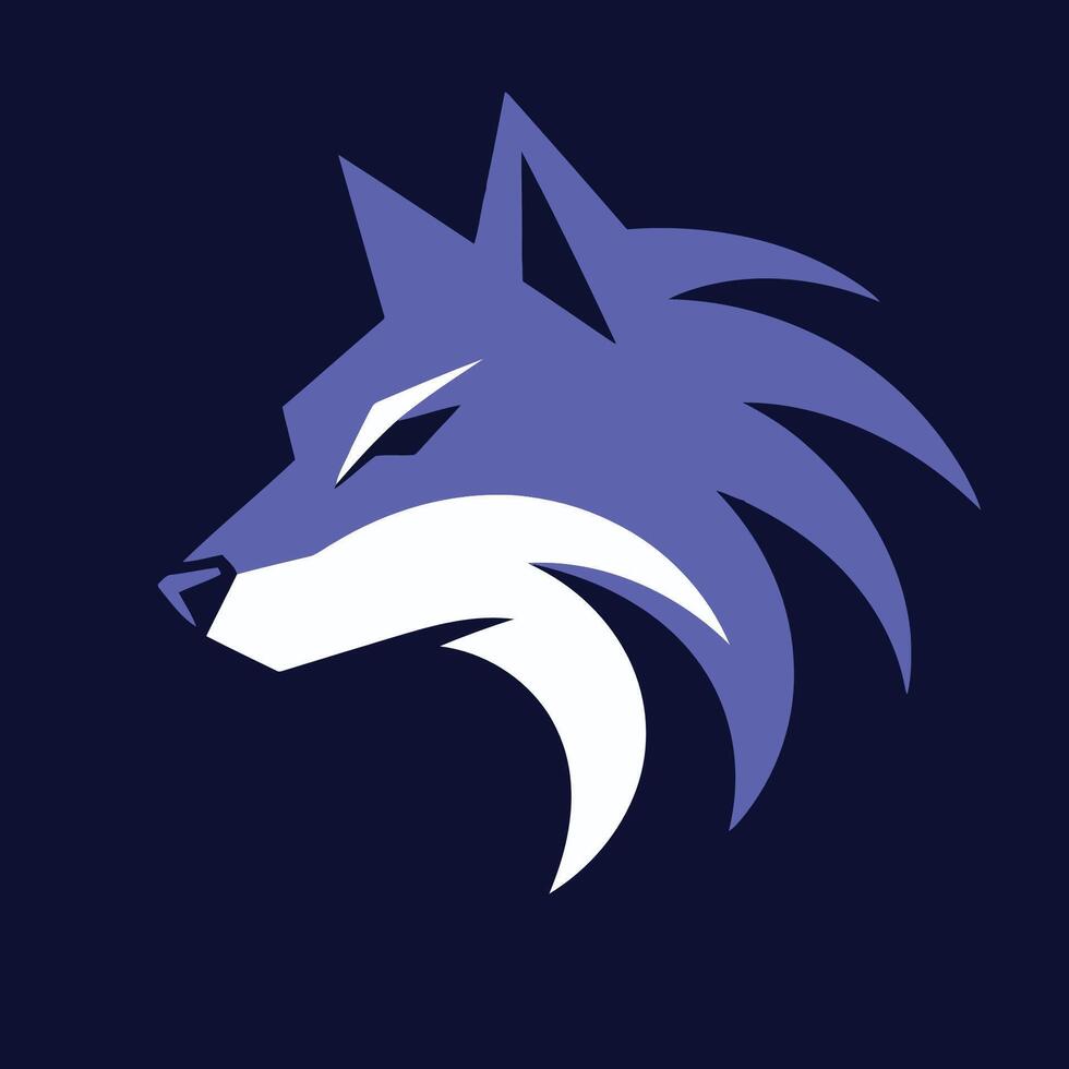 Stylized graphic of a wolf head facing left, composed of geometric shapes. Predominantly purple and white hues vector