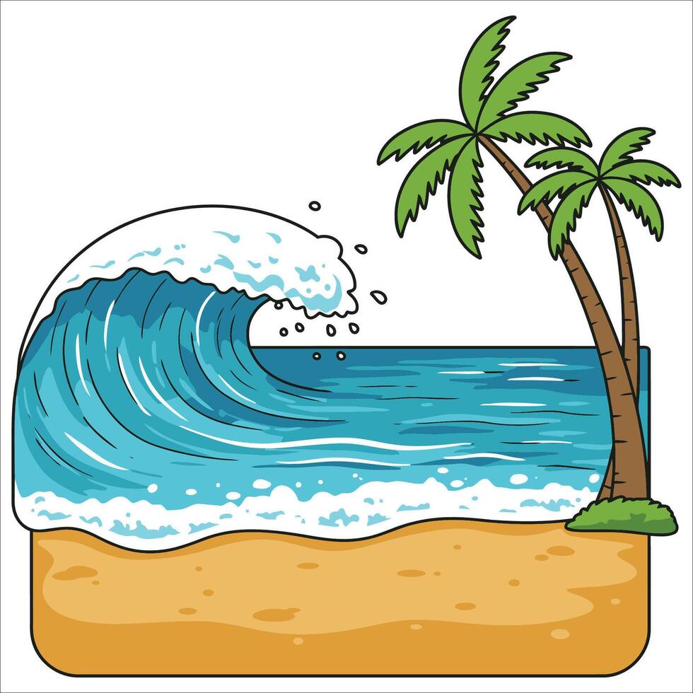 Illustration of a vibrant seascape featuring a large, curling wave with white foam, approaching a sandy beach. vector