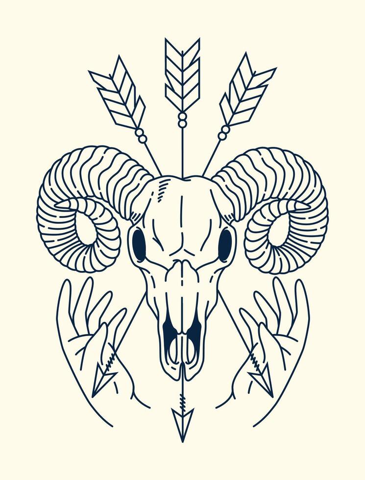 Sheep skull and hand line art illustration vector
