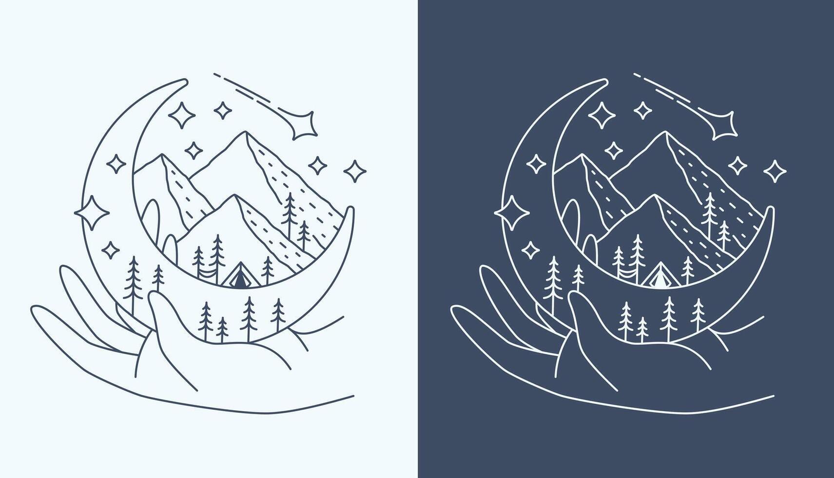 Line art hand and beautiful mountain views design vector