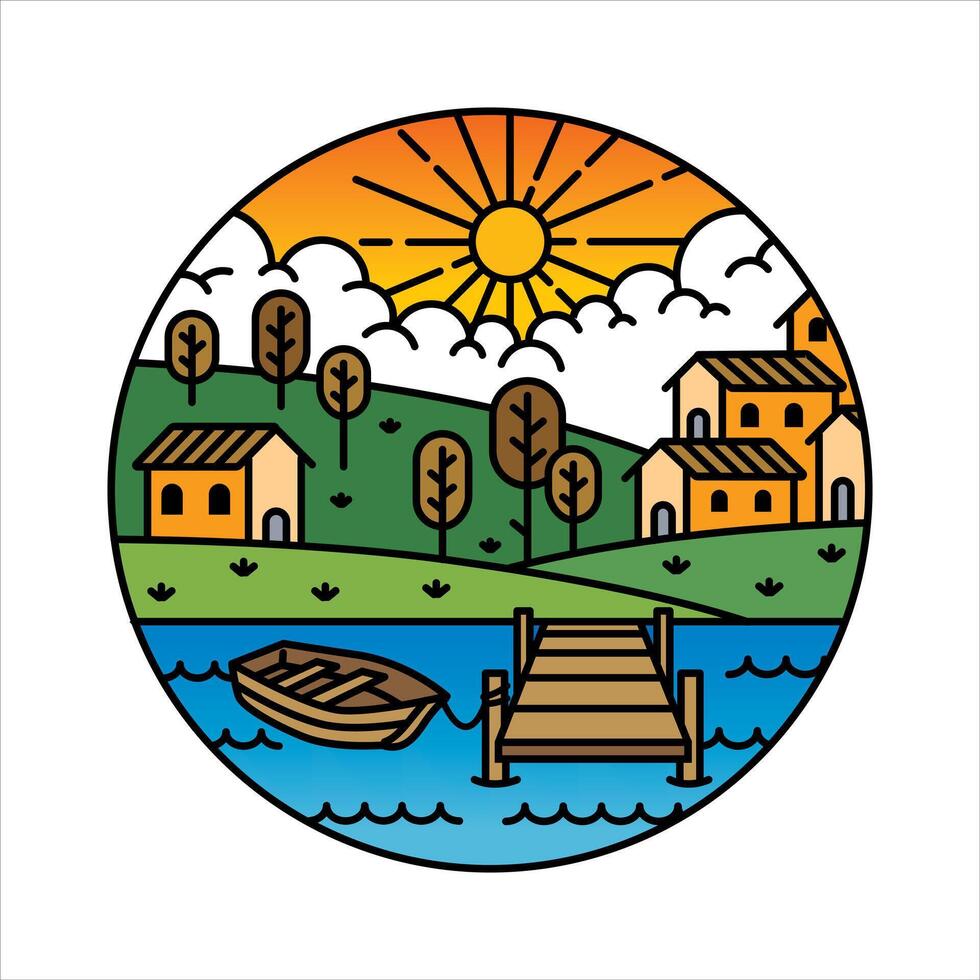 Natural scenery boat in the frame illustration vector