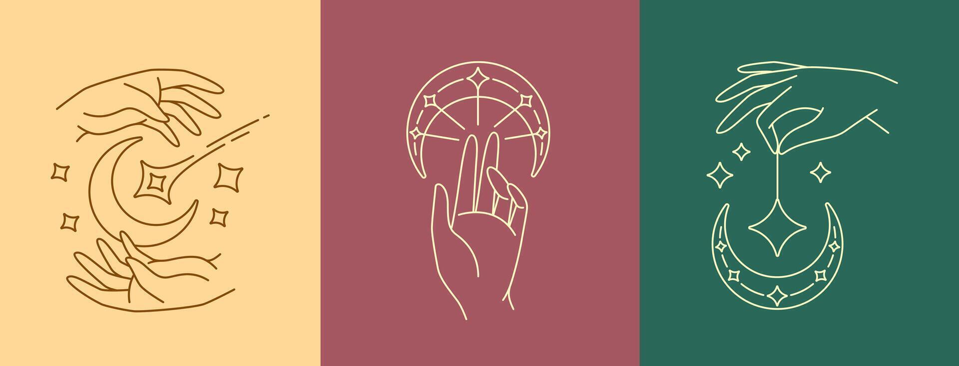 Hand and moon line art design vector