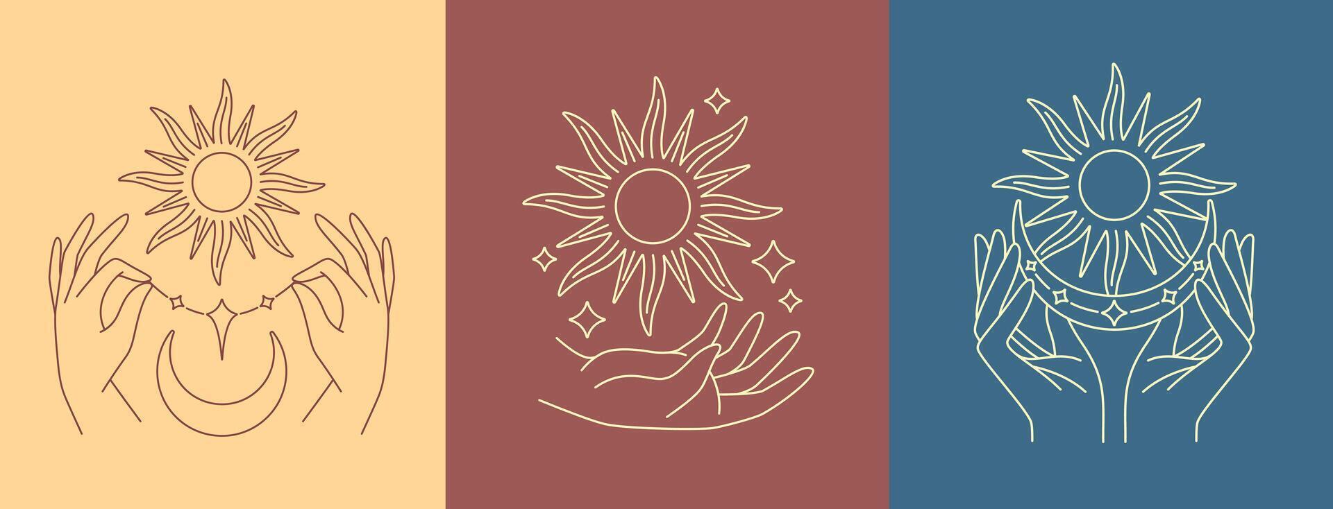 Hand and sun cute line art design collection vector