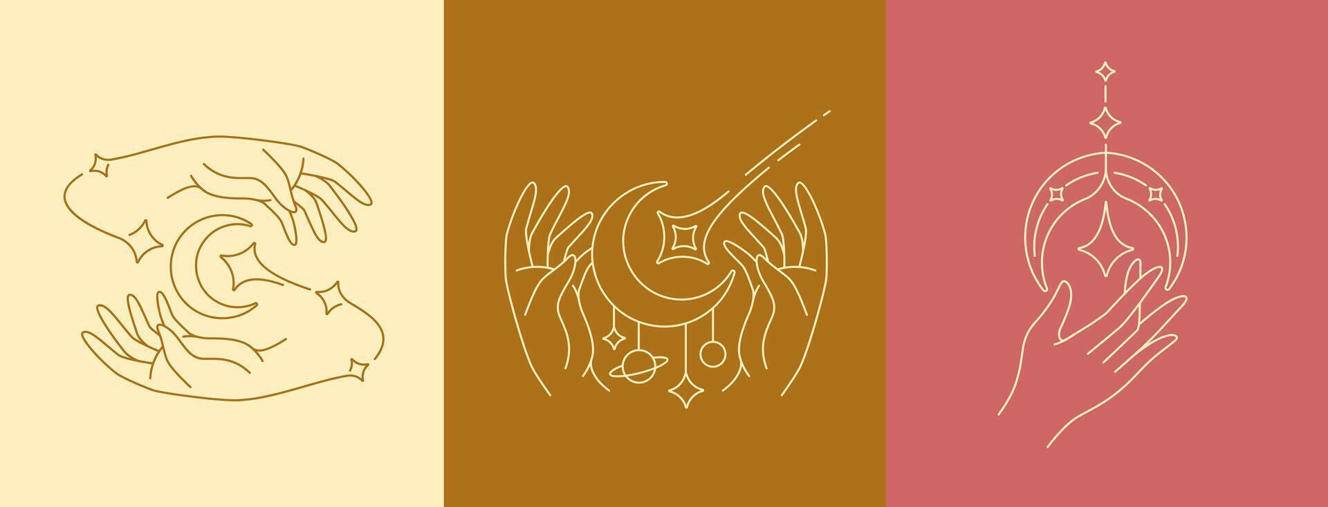 Beautiful cute hand and moon line art design collection vector