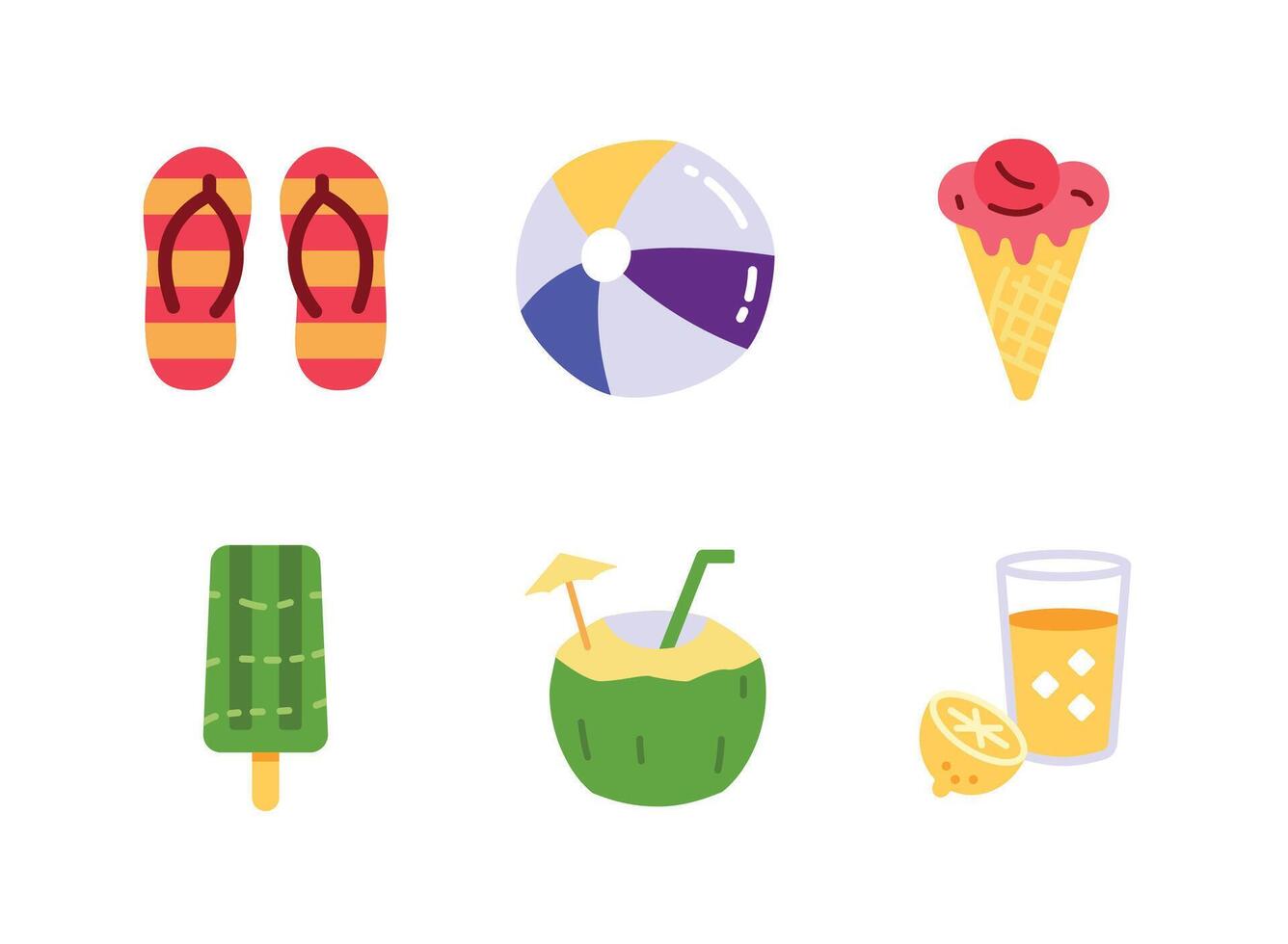 Flip Flops, Beach Ball, Ice Cream Flat Colorful Icons vector