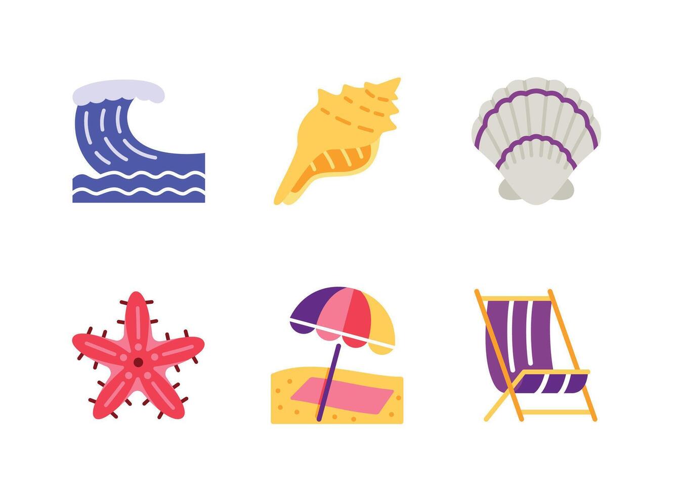 Sea Wave, Seashell, Starfish Flat Colorful Icons vector