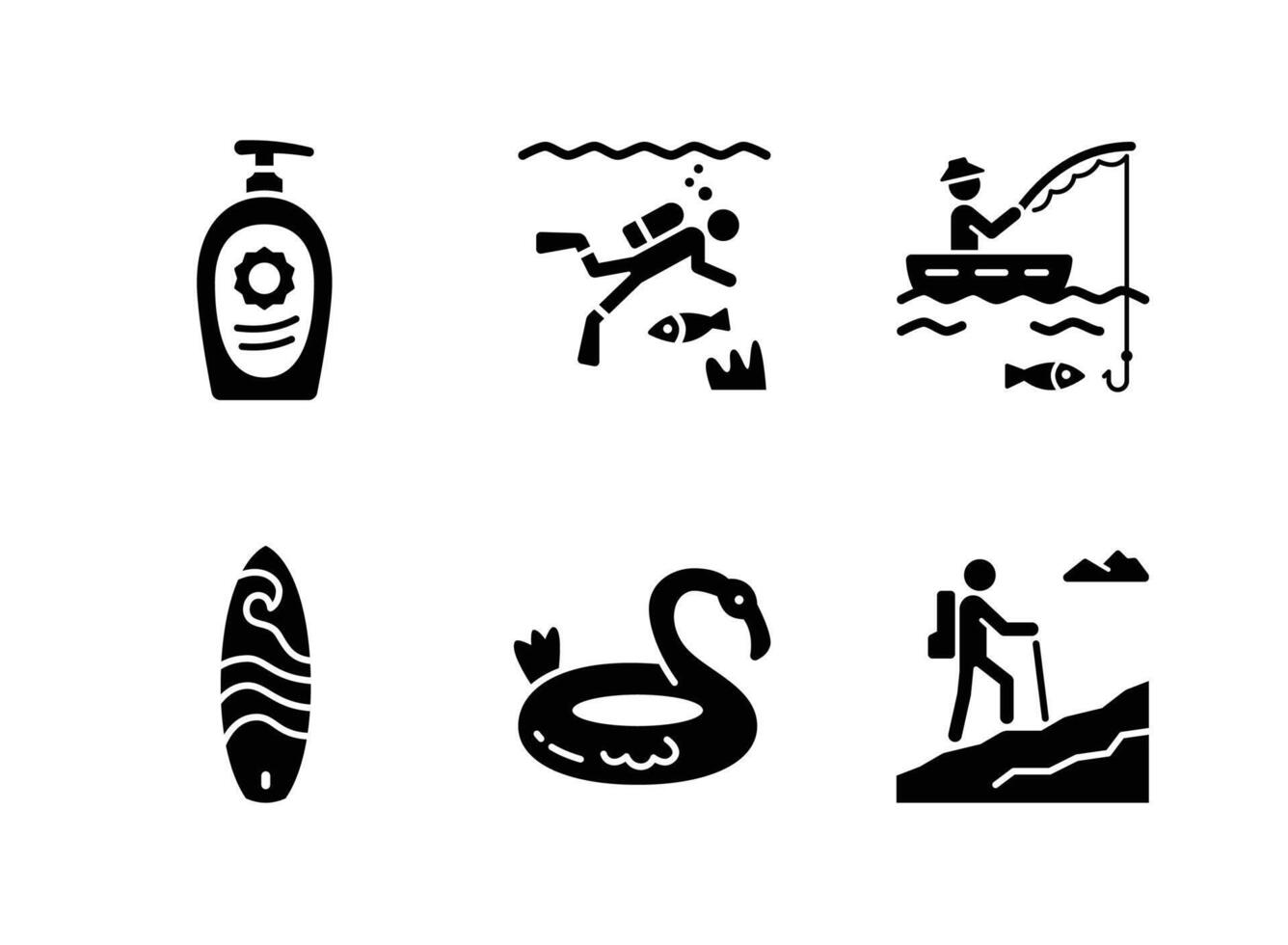 Sunscreen Bottle, Scuba Diving, Fishing, Surfboard, Flamingo Balloon, Hiking Solid Icons vector