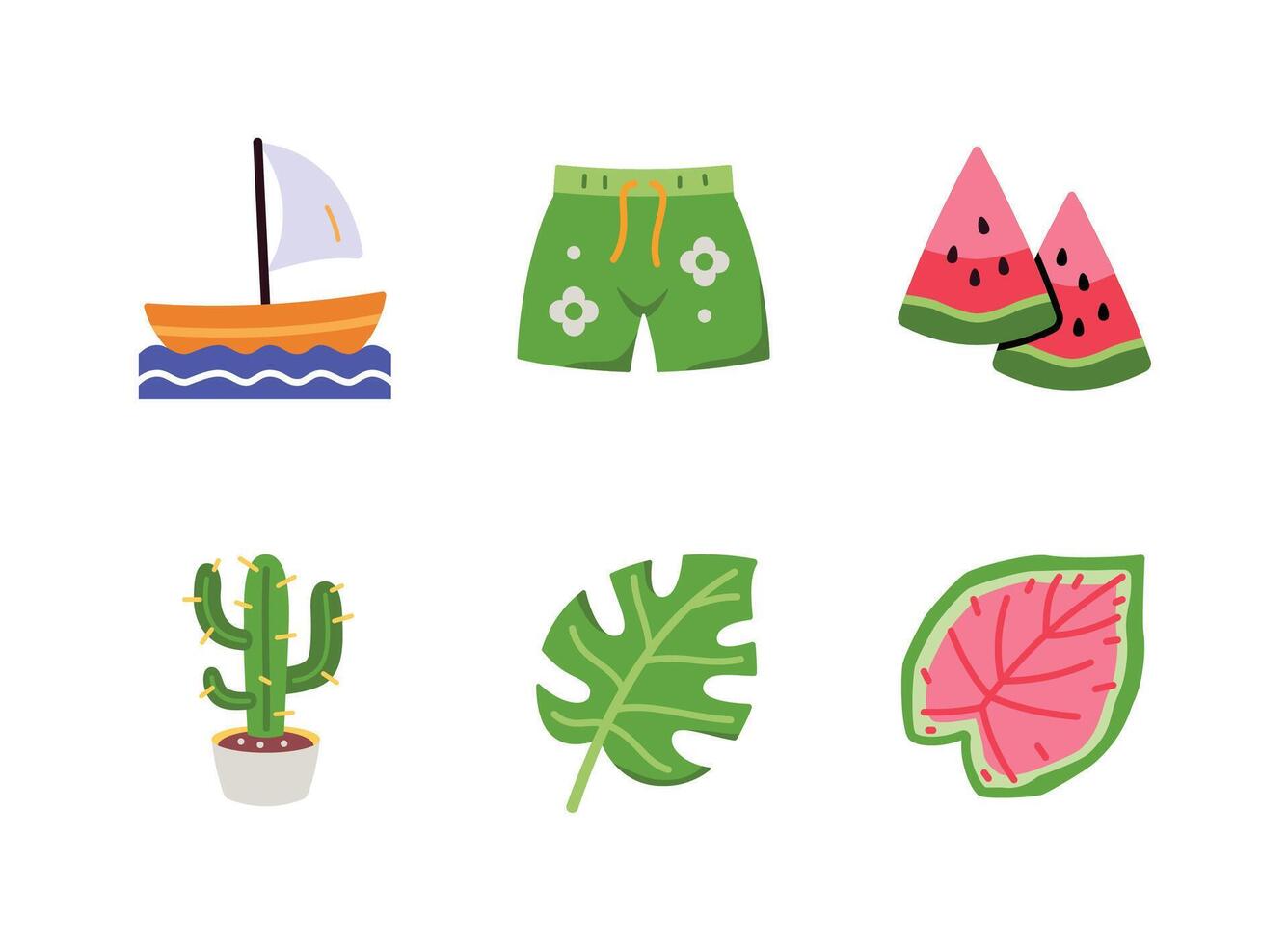 Sail Boat, Summer Pants, Watermelon Flat Colorful Icons vector
