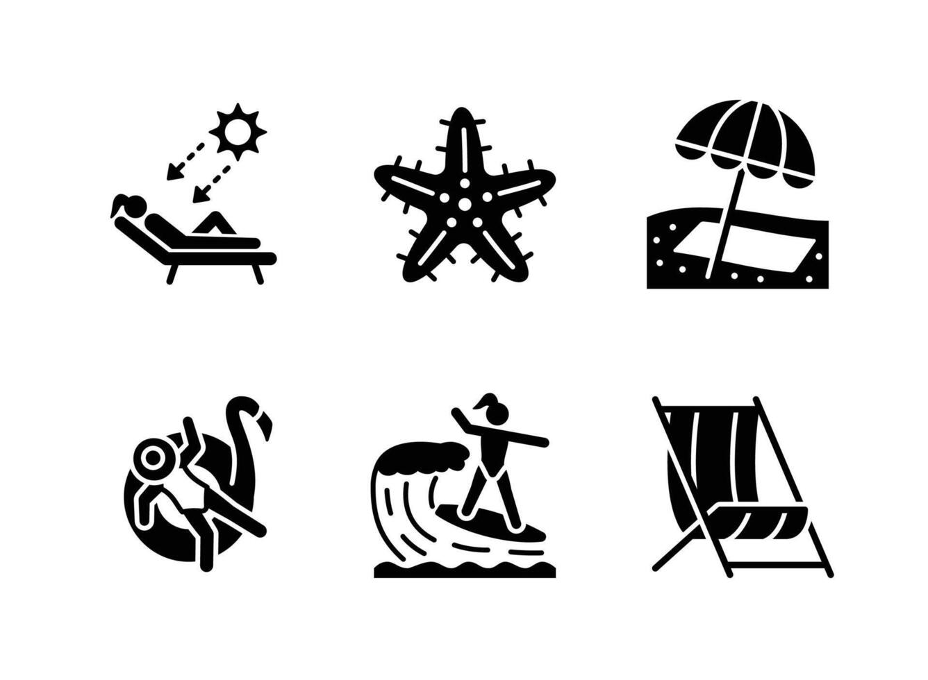 Sunbathing, Starfish, Beach Umbrella, Swimming, Surfing, Beach Chair Solid Icons vector